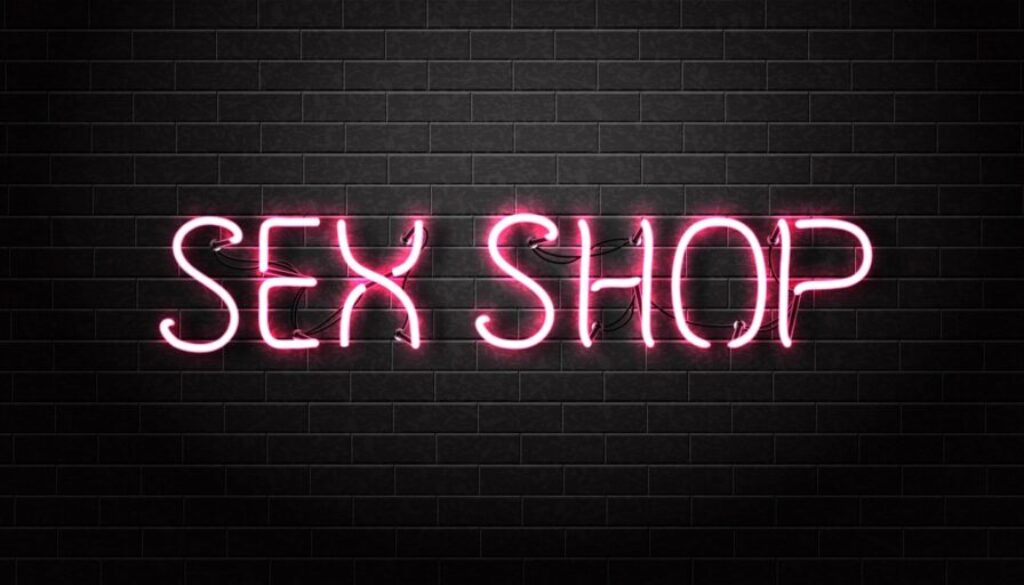 Vector realistic isolated neon sign of pink Sex Shop text for decoration and covering on the wall background.